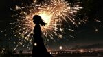  1girl city_lights clouds dark feet_out_of_frame fireworks floating_hair from_side highres holding_fireworks long_hair mountainous_horizon night night_sky original outdoors plant profile scenery signature silhouette sky skyrick9413 solo sparkler 