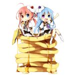  2girls :d :t blue_eyes blue_hair blush center_frills chibi closed_mouth collared_shirt dress_shirt eating food food_on_face frilled_skirt frilled_socks frilled_thighhighs frills hair_between_eyes heterochromia holding holding_food in_food long_hair low_twintails mini_person minigirl multiple_girls no_shoes original outstretched_arm pink_hair pleated_skirt puffy_short_sleeves puffy_sleeves red_eyes satou_saya shirt short_sleeves simple_background sitting skirt smile socks suspenders thigh-highs twintails v-shaped_eyebrows very_long_hair violet_eyes white_background white_shirt white_skirt white_socks yellow_thighhighs 