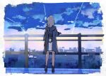  1girl arm_at_side bare_legs black_footwear blue_jacket boots border chiriejjiyo clouds cloudy_sky evening facing_ahead from_behind full_body grey_hair hand_on_railing highres honkai:_star_rail honkai_(series) hood hood_down hooded_jacket jacket legs_apart long_hair night night_sky on_railing outdoors railing shooting_star sky solo stelle_(honkai:_star_rail) trailblazer_(honkai:_star_rail) white_border 