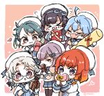  6+girls ahoge black_hair black_thighhighs blue_hair blue_neckerchief blue_sailor_collar blue_skirt box brown_eyes closed_eyes etorofu_(kancolle) fang fukae_(kancolle) gift gift_box glasses gradient_hair hat hirato_(kancolle) kantai_collection long_hair matsuwa_(kancolle) miko_(35nikomi) multicolored_hair multiple_girls neckerchief pleated_skirt purple_hair sado_(kancolle) sailor_collar sailor_hat school_uniform serafuku shirt short_hair skin_fang skirt thick_eyebrows thigh-highs tsushima_(kancolle) tube violet_eyes white_hair white_headwear white_shirt 