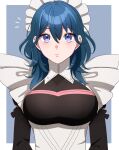  1girl alternate_costume black_dress blue_eyes blue_hair breasts byleth_(female)_(fire_emblem) byleth_(fire_emblem) closed_mouth dress enmaided expressionless fire_emblem fire_emblem:_three_houses frills gmais2514 hair_between_eyes highres large_breasts long_hair long_sleeves looking_at_viewer maid maid_headdress medium_hair official_alternate_costume solo upper_body 