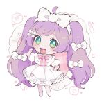  1girl :d ahoge blush bow chibi dress frilled_dress frills full_body green_eyes hair_bow hand_on_own_hip hand_up heart long_hair looking_at_viewer manaka_laala mofu_(ymmofu) open_mouth pretty_series pripara purple_hair smile solo standing twintails v very_long_hair white_background white_bow white_dress 
