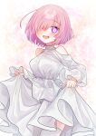  1girl absurdres blush breasts bright_pupils clothing_cutout cropped_legs dress fate/grand_order fate_(series) hair_over_one_eye harukappa highres large_breasts long_sleeves looking_at_viewer mash_kyrielight open_mouth pink_background pink_hair short_hair shoulder_cutout skirt_hold smile solo teeth thigh-highs upper_teeth_only violet_eyes white_dress white_thighhighs wide_sleeves 