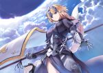  1girl absurdres armor armored_dress blonde_hair blue_sky braid braided_ponytail chain closed_mouth clouds commentary_request dress fate/apocrypha fate/grand_order fate_(series) flag floating_hair headpiece highres holding holding_flag jeanne_d&#039;arc_(fate) jeanne_d&#039;arc_(ruler)_(fate) long_hair looking_at_viewer pelvic_curtain plackart purple_dress sky solo sword very_long_hair violet_eyes weapon yanagi_marie 