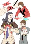  1girl 2boys absurdres amano_maya black_hair brothers brown_hair cake closed_mouth crab food glasses highres igusaharu jacket multiple_boys necktie open_mouth origami persona persona_2 persona_2_batsu short_hair siblings simple_background smile suou_katsuya suou_tatsuya white_background 