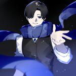  1boy black_background black_vest blue_eyes blue_gemstone blue_scarf brooch demian_(project_moon) gem hand_up highres jewelry limbus_company long_sleeves pale_skin project_moon scarf shanhujiao shirt simple_background solo upper_body vest white_shirt 