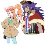  1boy 1girl baseball_cap brown_coat cape champion_uniform coat commentary_request dark-skinned_male dark_skin dede_(qwea_00000) eyewear_on_head fur-trimmed_cape fur_trim green_eyes hair_ornament hat heart heart_hair_ornament leon_(pokemon) orange_hair pokemon pokemon_swsh purple_hair side_ponytail sonia_(pokemon) sunglasses yellow_eyes 