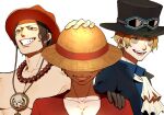  3boys ascot black_hair black_headwear blonde_hair commentary_request gloves hand_on_another&#039;s_shoulder hand_on_headwear hat highres jewelry looking_to_the_side male_focus monkey_d._luffy multiple_boys necklace oh_imo one_piece orange_headwear portgas_d._ace red_shirt sabo_(one_piece) scar scar_on_face shirt simple_background smile straw_hat top_hat topless_male upper_body white_ascot white_background 