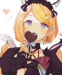  1girl aki_rosenthal black_gloves black_headdress blonde_hair collarbone earrings food gloves heart highres holding holding_food hololive jewelry long_hair looking_at_viewer simple_background solo swept_bangs upper_body usako_(umauma0602) violet_eyes virtual_youtuber white_background 