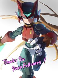  1boy armor black_bodysuit blonde_hair blue_eyes bodysuit crop_top crotch_plate energy_sword helmet highres holding holding_sword holding_weapon long_hair mega_man_(series) mega_man_zero_(series) milestone_celebration omochi_(mochi_skymega) red_footwear simple_background solo sword weapon zero(z)_(mega_man) zero_(mega_man) 