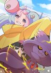  1girl blue_hair blue_sky bow-shaped_hair building character_hair_ornament clouds eyelashes hair_ornament iono_(pokemon) jacket long_hair long_sleeves mismagius mizuiro123 oversized_clothes pink_hair pokemon pokemon_(creature) pokemon_sv sky sleeves_past_fingers sleeves_past_wrists smile teeth wide_sleeves yellow_jacket 