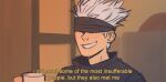  1boy aalexfletcher blindfold buzzfeed_unsolved commentary cup english_commentary english_text gojou_satoru grey_hair holding holding_cup jujutsu_kaisen male_focus mug short_hair smile solo subtitled 