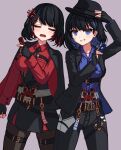  2girls absurdres arm_up belt belt_buckle black_belt black_gloves black_hair black_headwear black_jacket black_pants black_pantyhose black_skirt black_survival blue_eyes blue_hair blue_shirt breasts buckle closed_eyes collared_shirt debi_(black_survival) dress_shirt eternal_return:_black_survival fingerless_gloves gloves grey_background grin hand_on_headwear hand_up highres holding jacket jacket_on_shoulders marlene_(black_survival) medium_breasts multicolored_hair multiple_girls open_clothes open_jacket open_mouth pants pantyhose red_shirt redhead shirt simple_background skindentation skirt smile stratosphere_(coom1017) thigh_strap two-tone_hair v-shaped_eyebrows 