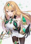  1girl absurdres aegis_sword_(xenoblade) backless_outfit bare_legs blonde_hair blush breasts chest_jewel dress elbow_gloves gloves green322 highres large_breasts long_hair looking_at_viewer microdress mythra_(xenoblade) open_mouth smile solo swept_bangs sword tiara weapon white_dress white_gloves xenoblade_chronicles_(series) xenoblade_chronicles_2 yellow_eyes 