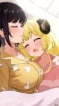  2girls black_hair blonde_hair blush closed_eyes drooling highres hololive horns indoors leo_(f_mmmnkm_paint) long_hair lying multiple_girls on_back on_bed oozora_subaru open_mouth orange_pajamas pajamas pink_sweater sheep_girl sheep_horns short_hair sleeping striped_clothes striped_sweater subaru_duck sweater tsunomaki_watame under_covers yuri 