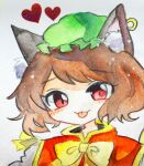  1girl :p animal_ear_fluff animal_ear_piercing animal_ears blush bow bowtie brown_hair cat_ears chen commentary_request earrings gold_trim green_headwear hat heart highres jewelry key747h looking_at_viewer mob_cap red_eyes red_vest short_hair simple_background single_earring solo swept_bangs tongue tongue_out touhou traditional_media upper_body vest white_background yellow_bow yellow_bowtie 