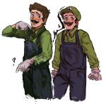  1boy ? blue_eyes blush brown_hair cropped_legs facial_hair gloves green_shirt highres looking_to_the_side luigi m0kaccinoh male_focus multiple_views mustache no_headwear overalls scared shirt short_hair smile super_mario_bros. thick_mustache white_gloves 