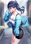  1girl backpack bag black_hair black_skirt blue_jacket blurry blurry_background boku_no_kokoro_no_yabai_yatsu breasts brown_eyes clothes_writing commentary_request depth_of_field earrings english_text hair_between_eyes hand_up highres jacket jewelry long_hair long_sleeves medium_breasts off_shoulder open_clothes open_jacket pencil_skirt ponytail puffy_long_sleeves puffy_sleeves ririko_(zhuoyandesailaer) shirt skirt solo white_shirt yamada_anna 