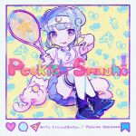  1girl absurdres album_cover artist_self-insert bib black_footwear blue_hair blunt_bangs cat closed_mouth cover crescent food full_body hairband highres holding_tennis_racket kiato knees_up kuishinbo_akachan like_and_retweet looking_at_viewer original pizza pizza_slice pleated_skirt purple_skirt racket shirt shoes short_hair short_sleeves sidelocks sitting skirt smile sneakers solo song_name speech_bubble tennis_racket thigh-highs two_side_up violet_eyes w white_hairband white_shirt white_thighhighs yellow_background 