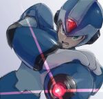  1boy arm_cannon forehead_jewel green_eyes helmet lemon_inu male_focus mega_man_(series) mega_man_x_(series) robot simple_background sketch solo weapon x_(mega_man) 