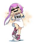  1girl :d ^_^ asymmetrical_hair closed_eyes converse fangs full_body hands_up inkling_girl inkling_player_character leg_up long_hair long_shirt muramasa_mikado open_mouth pink_footwear pointy_ears purple_hair shirt shoelaces shoes smile sneakers solo splatoon_(series) suction_cups teeth tentacle_hair white_background white_shirt 