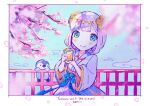  1girl bird blue_sky blunt_bangs blurry blurry_foreground border cherry_blossoms closed_mouth clouds commentary cowboy_shot cup flower green_eyes hair_flower hair_ornament highres holding holding_cup japanese_clothes kiato kimono long_sleeves looking_at_viewer original outdoors penguin petals pink_flower purple_kimono short_hair sky smile solo symbol-only_commentary white_border wide_sleeves yunomi yunomi_(musician) 