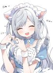 1girl absurdres animal_ears apron closed_eyes commentary_request copyright_request fake_animal_ears fang grey_hair heart heart_hands highres inuyayo long_hair maid maid_apron maid_headdress simple_background smile solo translation_request upper_body white_background 
