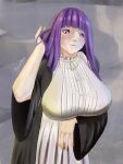  absurdres artist_name breasts fern_(sousou_no_frieren) highres large_breasts light_smile purple_hair simple_background smile tagme violet_eyes 