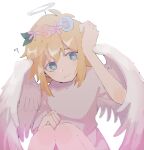  1boy ? aged_down angel_wings antenna_hair basil_(faraway)_(omori) basil_(omori) blonde_hair bright_pupils closed_mouth dress feathered_wings halo hand_on_own_head hand_on_own_knee head_tilt head_wreath highres knees_up nekonabe official_alternate_costume omori short_hair short_sleeves sitting smile solo white_background white_dress white_halo white_pupils white_wings wings 