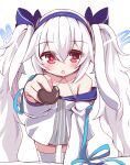  1girl animal_ears azur_lane bare_shoulders blue_hairband blue_ribbon candy chocolate collarbone crossed_bangs dress fake_animal_ears food geo_(yukishitadou) hair_ribbon hairband hand_up heart heart-shaped_chocolate highres holding holding_chocolate holding_food laffey_(azur_lane) laffey_ii_(azur_lane) long_hair long_sleeves parted_lips pov rabbit_ears reaching reaching_towards_viewer red_eyes ribbon short_dress simple_background solo thigh-highs valentine very_long_hair white_background white_dress white_hair white_thighhighs 