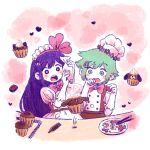  1boy 1girl alternate_costume aubrey_(headspace)_(omori) aubrey_(omori) basil_(headspace)_(omori) basil_(omori) chef_hat cupcake elbow_gloves food gloves green_eyes green_hair hair_ornament hairclip hat long_hair omori open_mouth plate purple_hair short_hair sun_iiinu violet_eyes white_gloves white_headwear 