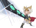  absurdres animal_ears beleven blonde_hair boots camisole cloak coyote_(kemono_friends) extra_ears gloves hair_ornament highres jacket kemono_friends kemono_friends_v_project parody short_hair skirt sunrise_stance sword tail thigh-highs virtual_youtuber weapon wolf_ears wolf_girl wolf_tail yellow_eyes 