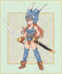  1girl armlet armor belt blue_armor blue_dress blue_thighhighs boots breasts brown_eyes brown_gloves brown_hair closed_mouth daisy_(dq) dragon_quest dragon_quest_yuusha_abel_densetsu dress fake_horns full_body gloves helmet highres horned_helmet horns long_hair pelvic_curtain short_dress smile solo sword tachibana_masaki thigh-highs weapon 