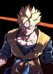  amputee belt blonde_hair blue_belt blue_shirt dougi dragon_ball dragon_ball_z green_eyes highres missing_limb orange_shirt scar scar_on_face shirt simple_background son_gohan_(future) spiky_hair tkht_9315 