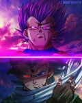  2boys armor blood blood_on_face collarbone commentary_request dragon_ball dragon_ball_super glowing glowing_eyes granolah_(dragon_ball) highres magimeoka multiple_boys portuguese_commentary purple_hair saiyan_armor ultra_ego_(dragon_ball) vegeta violet_eyes watermark 