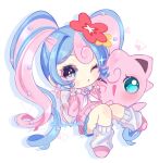  1girl :o artist_name blue_eyes blue_hair blue_skirt chibi collared_shirt double_v earrings fairy_miku_(project_voltage) flower hair_between_eyes hair_flower hair_ornament halftone hatsune_miku highres jewelry jigglypuff light_blush long_hair loose_socks multicolored_eyes multicolored_hair neckerchief olademonio one_eye_closed pink_eyes pink_footwear pink_hair pink_lips pink_sweater pokemon pokemon_(creature) project_voltage red_flower shirt sidelocks skirt socks solo_focus streaked_hair sweater twintails twitter_username v vocaloid white_background white_neckerchief white_shirt white_socks yellow_flower 