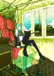  arm_support bare_shoulders cable cloud clouds detached_sleeves green_hair guitar hatsune_miku highres instrument kawano legs long_hair room sitting skirt sky solo telecaster thigh-highs thighhighs twintails very_long_hair vocaloid window zettai_ryouiki 