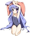  arms_up bad_id blue_hair collarbone dekarunanshi_mohoro_byoudouin_gachiko_(takesinobu) flat_chest kickboard long_hair one-piece_swimsuit original red_eyes school_swimsuit solo swimsuit takesinobu towel 