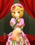  blonde_hair bow breasts brown_eyes chess chess_piece crossed_legs cup curtains dress elbow_gloves frills gloves hair_bow hair_ornament hair_ribbon hairclip hat jewelry kiss kneehighs lambdadelta necklace ribbon sitting socks solo umineko_no_naku_koro_ni wine_glass 