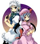  bat_wings blue_eyes blue_hair blush bow braid chacha_(tyatya) fang grey_hair hat izayoi_sakuya knife maid maid_headdress multiple_girls red_eyes remilia_scarlet short_hair touhou twin_braids wings 