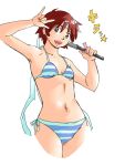  aokuro2 bikini brown_eyes brown_hair headband kasugano_sakura seikan_hikou short_hair street_fighter striped striped_bikini striped_swimsuit swimsuit 