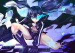  absurdres arm_cannon belt bikini_top black_hair black_rock_shooter black_rock_shooter_(character) blue_eyes boots coat glowing glowing_eyes highres long_hair midriff navel pale_skin scar sentarou shorts solo twintails weapon 