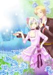  bad_id blonde_hair blue_rose couple dress flower gown green_eyes hair_flower hair_ornament highres original purple_dress rose short_hair star tomoshibi_(vdn) 