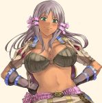  atelier_totori belt bikini_top blush breasts cleavage dark_skin fura gloves green_eyes hair_ribbon hands_on_hips large_breasts long_hair mervia_siebel midriff o-ring_top open_clothes open_shirt ribbon shirt silver_hair simple_background smile solo underboob 