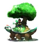  closed_eyes grass hat ichinoji kouki_(pokemon) kouki_(pokemon)_(classic) pokemon pokemon_(game) pokemon_dppt shade sitting torterra tree 