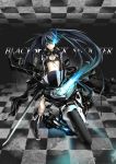  bikini_top black_hair black_rock_shooter black_rock_shooter_(character) blue_eyes boots cannon coat front-tie_top glowing glowing_eyes highres huge_weapon i-la long_hair motor_vehicle motorcycle scar solo sword twintails vehicle very_long_hair weapon 