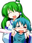  azuharu blush cheek_pinch cheek_pinching closed_eyes heterochromia kochiya_sanae multiple_girls pinching simple_background smile tatara_kogasa tears touhou 