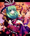  blush bow dress frills front_ponytail green_eyes green_hair hair_bow hair_ribbon kagiyama_hina leaf long_hair ribbon solo touhou 