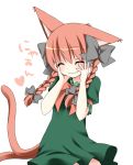  animal_ears bad_id blush bow braid cat_ears cat_tail closed_eyes dress extra_ears green_dress hair_bow hands_on_face hands_on_own_face happy heart kaenbyou_rin multiple_tails nyan oniku red_hair redhead simple_background smile tail touhou twin_braids twintails 