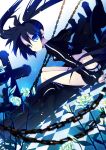  bad_id black_hair black_rock_shooter black_rock_shooter_(character) blue_eyes boots chain coat cross flower glowing glowing_eyes highres long_hair looking_back pale_skin rugo shorts sitting solo twintails 